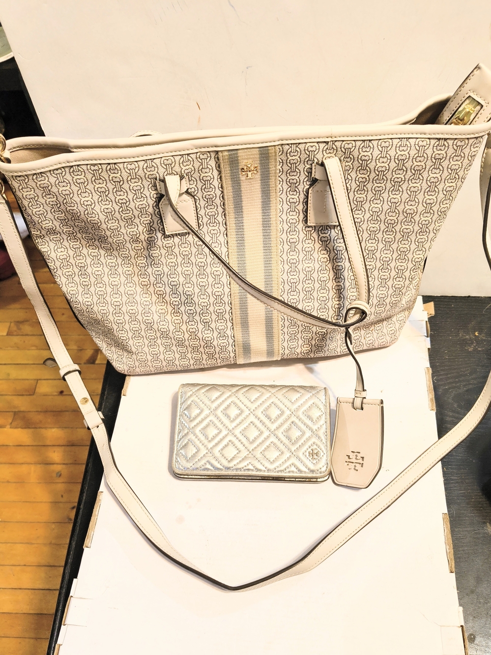 Tory Burch Cream Logo Tote with Matching Wallet